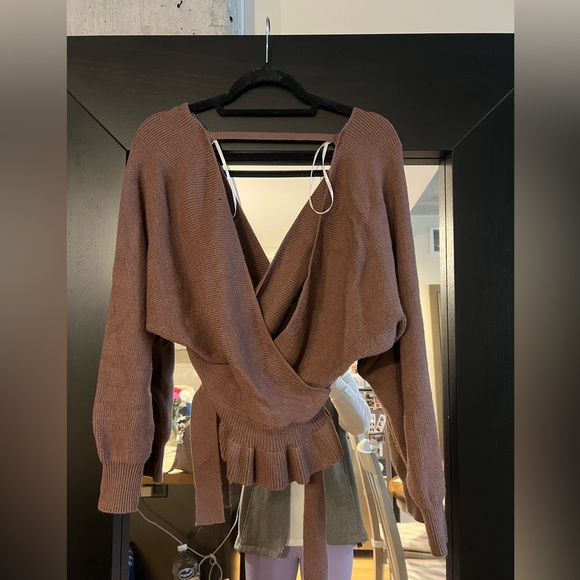 Lulus Sweet and Sophisticated Brown Knit Faux-Wrap Sweater - Picture 5 of 6